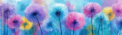 Watercolor dandelions with light tones background concept. Vibrant flowers in pastel colors against a dreamy background.