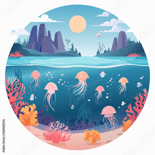 Immersive vector ocean world with glowing coral reefs and surreal jellyfish. Flat minimal style with vibrant color, great for editorial, ads, and design use.