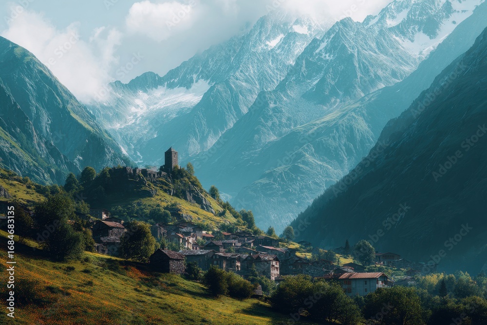 Obraz premium Serene mountain village nestled in the valley with ancient tower and snow-capped peaks in the background during early morning light