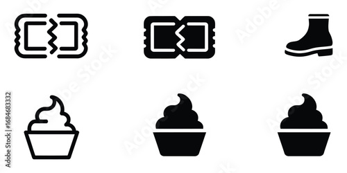Charming icons of a broken chain, event ticket, boot, and delectable cupcake delight, perfect for a lifestyle blog or modern app design, capturing simple pleasures and everyday elements