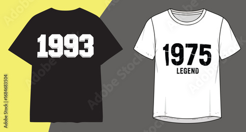 Two t shirts one black with 1993 and one white with 1975 and legend