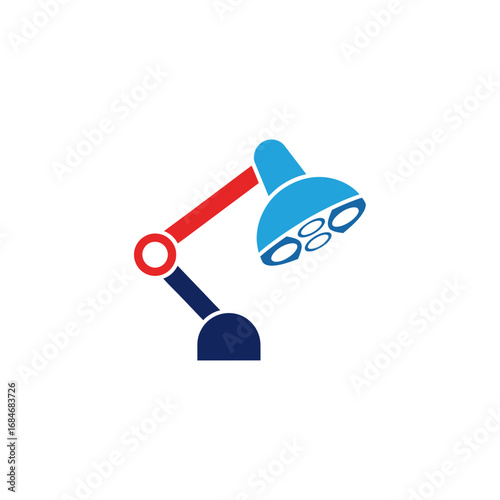 Stylized Surgical Lamp with Red Arm and Blue Shade Design.