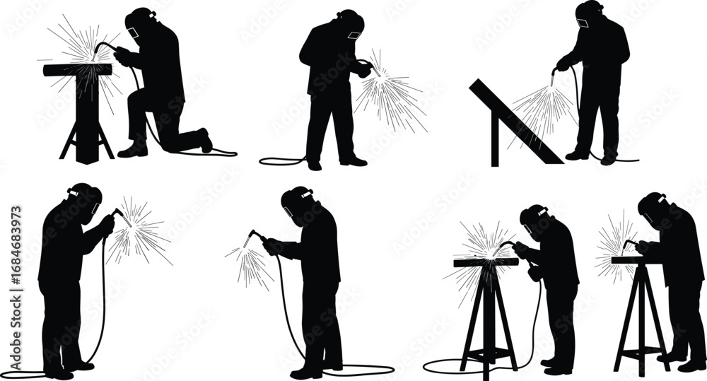 Obraz premium Silhouettes of welders working with welding torch and protective gear, creating sparks, metalwork, fabrication, industry, safety equipment.