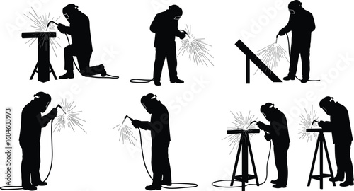 Silhouettes of welders working with welding torch and protective gear, creating sparks, metalwork, fabrication, industry, safety equipment.