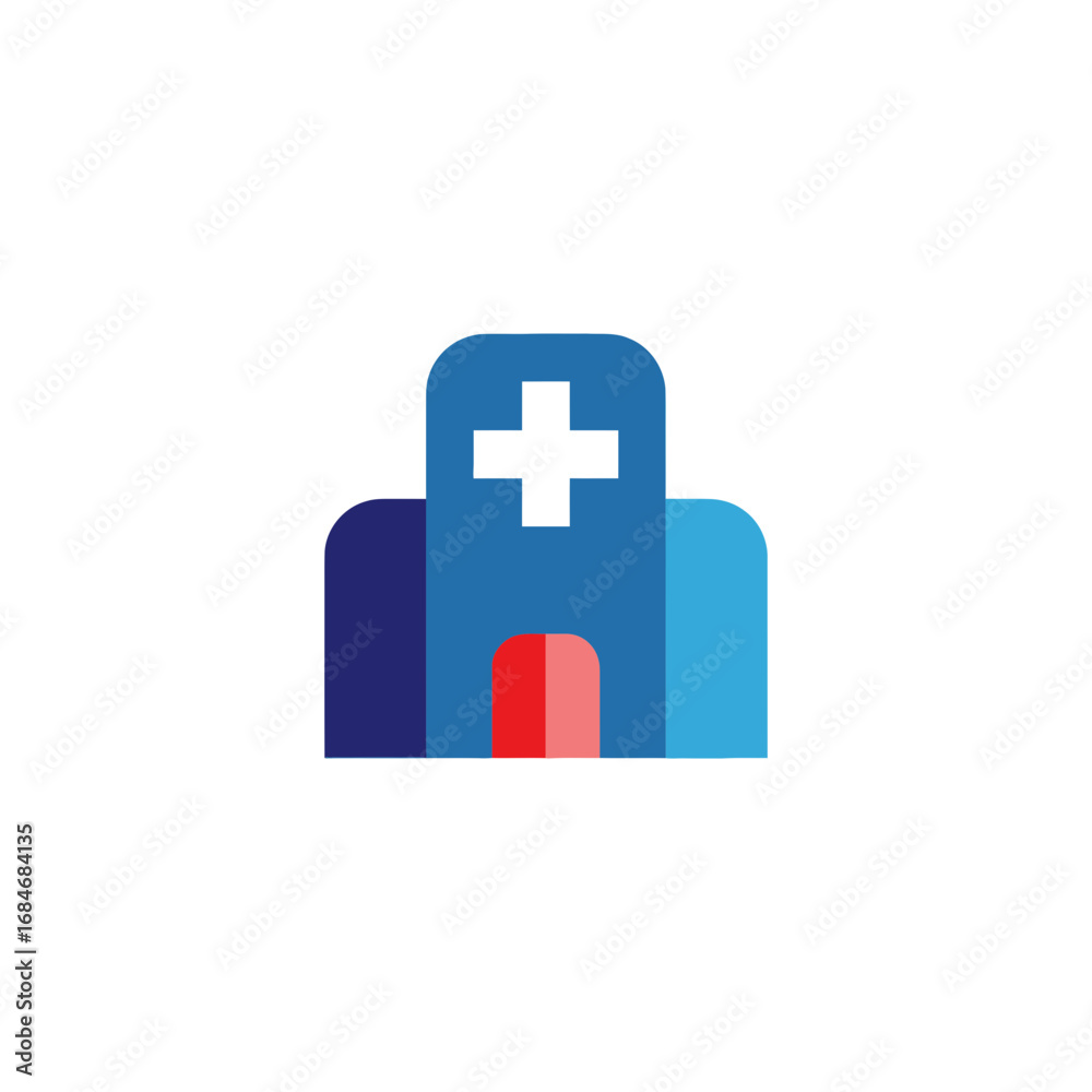Obraz premium Stylized Hospital Building with Cross Symbol and Red Entrance.