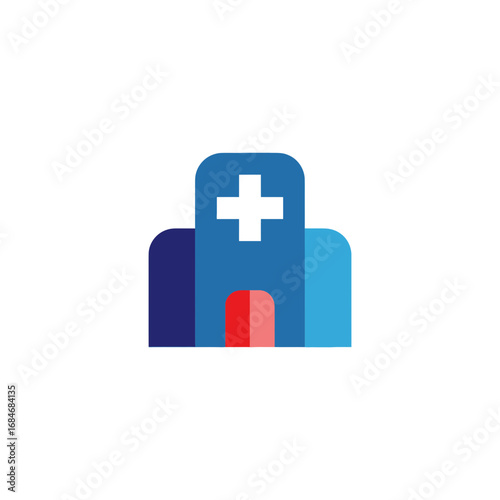 Stylized Hospital Building with Cross Symbol and Red Entrance.