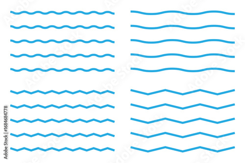 Wavy curve zig zag line pattern. Wave ornament pattern. Blue zig zag pattern Set of thin line waves. Set of wavy zigzag lines. Wave thin line.