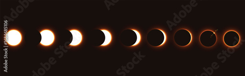 Different phases of solar eclipse. Iridescent round aura eclipse. Orange planet glow background. Sun or moon total eclipse in dark space. Star aurora flare with sparkles and sparkles effects.