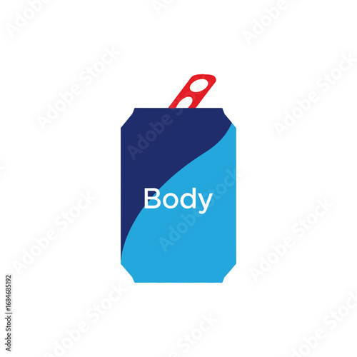 Stylized Blue and Navy Drink Can with Red Tab and Body Text.