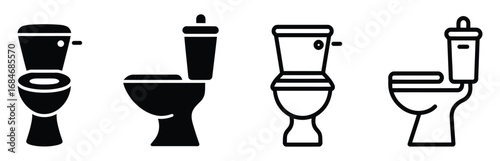 Toilet icon set. Bathroom and restroom sign. Hygiene, sanitation, and plumbing symbol. Flush, seat, and water closet pictogram. Public facility and home utility illustration.