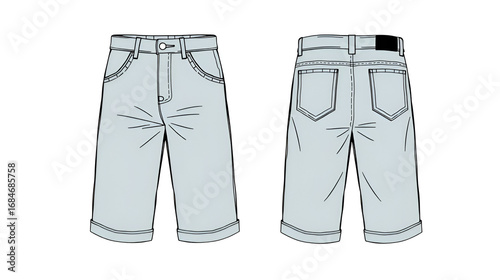 Chino sartorial Shorts design flat sketch vector illustration, denim printed casual shorts concept with front and back view, printed walking bermuda walking shorts design illustration