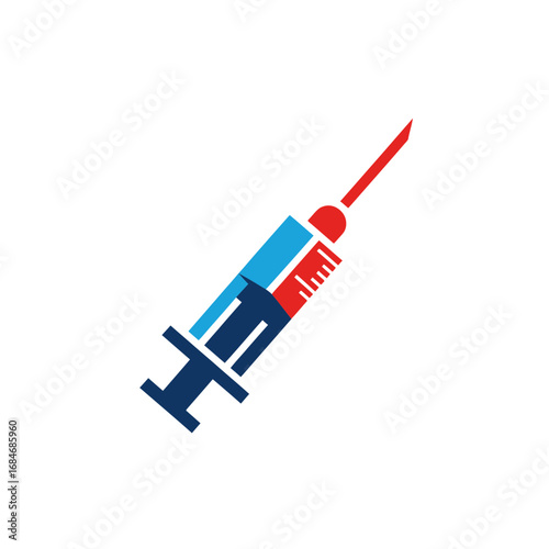 Medical Syringe Icon: Red Blue and Dark Blue Design.