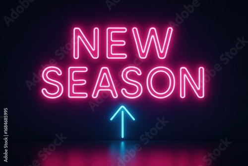 Neon banner featuring NEW SEASON and an upward arrow, vibrant retail promo with eye-catching design style on transparent background.