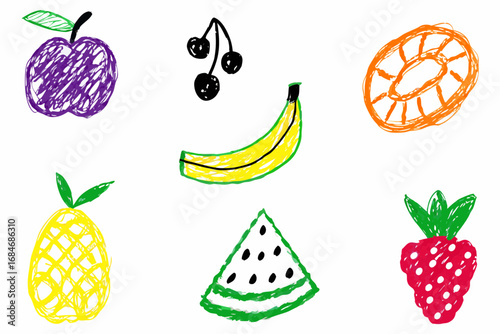 Vibrant crayon-style fruits collection for playful design projects and educational materials.