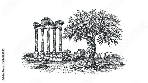 Ancient stone ruin with a gnarled olive tree and scattered debris. Vector hand drawn illustration