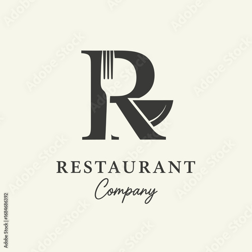 An elegant logo design featuring the letter R combined with a fork and bowl for a restaurant company.