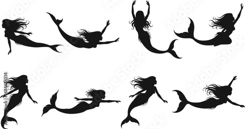 Mermaid silhouettes swimming gracefully underwater, fantasy sea creatures, mythical mermaids, oceanic fantasy figures, female mermaid vector art, underwater magic illustrations.