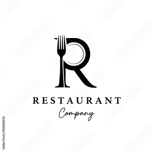 Elegant logo design featuring the letter "R" with a fork incorporated into its structure, representing a restaurant company.