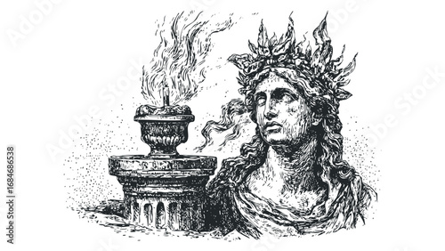 Sketch of a person with crown and burning incense burner on pedestal. Vector hand drawn illustration