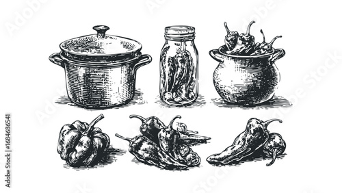 Sketch of cooking pot, pickled peppers in jar, and fresh chili peppers. Vector hand drawn illustration