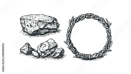 Hand-drawn sketch of rough stones and a braided vine wreath. Vector hand drawn illustration