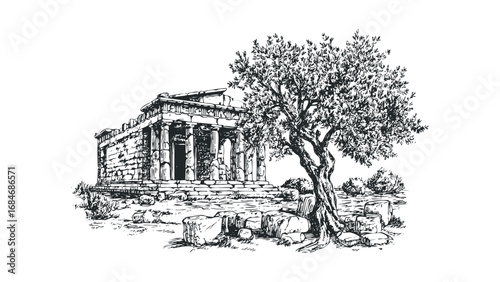 Hand Drawn Ancient Greek Temple Exterior with Olive Tree and Stone Ruins. Vector hand drawn illustration