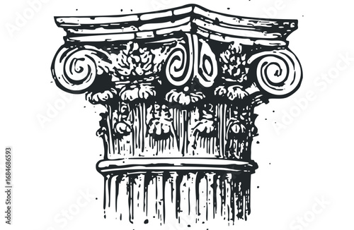 Ionic capital with volutes and acanthus leaves in graphic style. Vector hand drawn illustration