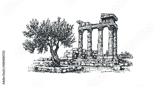 Ancient Greek Temple Ruins with Olive Tree Sketch on White. Vector hand drawn illustration