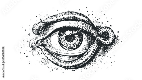 Detailed Ink Drawing of an All-Seeing Eye with Symbolic Serpent on White. Vector hand drawn illustration