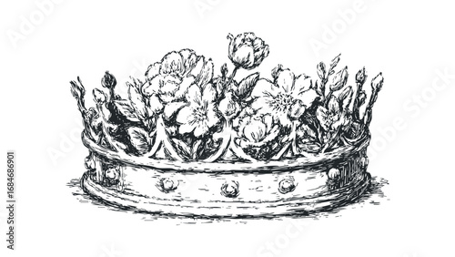 Floral crown sketch with intricate detail on transparent background. Vector hand drawn illustration