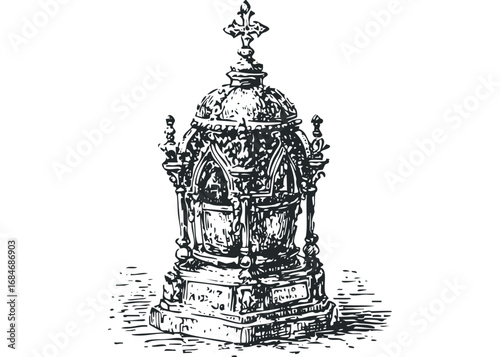 Detailed line drawing of ornate Victorian era monument with Gothic architecture style elements. Vector hand drawn illustration