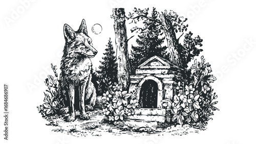 Wolf sits near stone structure and flowers in forest clearing. Vector hand drawn illustration