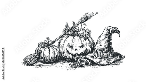 Wallpaper Mural Halloween scene with carved pumpkin, witch hat, and broomstick. Vector hand drawn illustration Torontodigital.ca