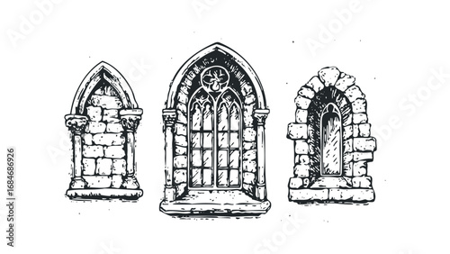 Gothic arch window elements and stonework graphic. Vector hand drawn illustration