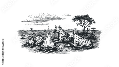 Three spotted hyenas resting near a campfire under an acacia tree. Vector hand drawn illustration