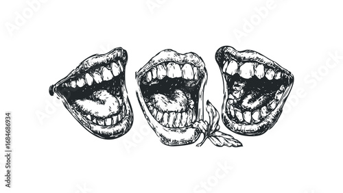 Detailed Pen Drawing of Three Wide Open Mouths Revealing Many Teeth. Vector hand drawn illustration