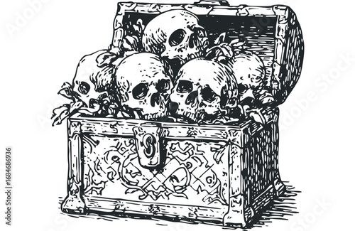 Vintage Treasure Chest Overflowing With Human Skulls. Vector hand drawn illustration