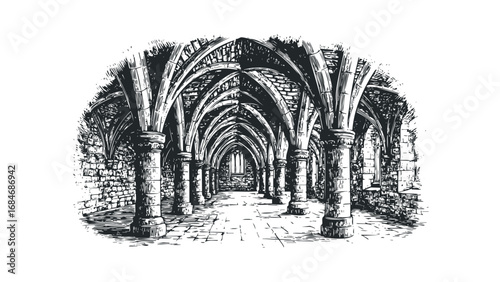 Gothic Archway Corridor with Stone Pillars and Window Detail. Vector hand drawn illustration