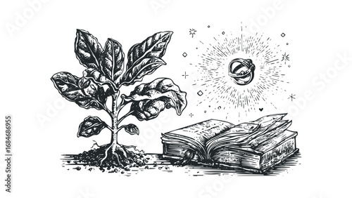 Ink drawing of a seedling growing from soil next to an open book. Vector hand drawn illustration