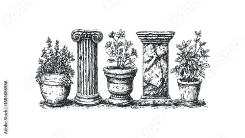 Sketch of Architectural Columns and Potted Plants. Vector hand drawn illustration
