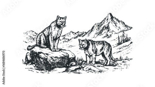 Two cougars resting in a mountainous landscape with trees and rocks. Vector hand drawn illustration
