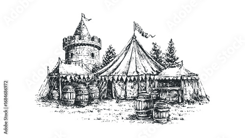 Medieval encampment with tents and a stone tower. Vector hand drawn illustration