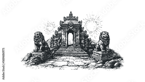 Temple Gate Guarded by Stone Lions and Sunburst Accents. Vector hand drawn illustration