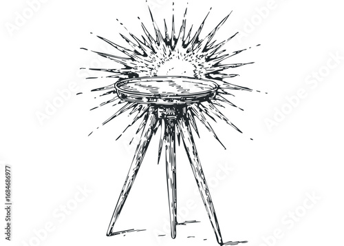 Explosion radiating from a round platform on a tripod stand. Vector hand drawn illustration