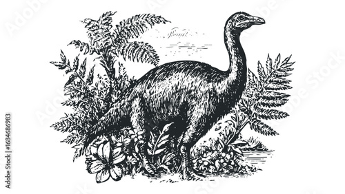 Dinosaur graphic engraving standing in lush prehistoric foliage with water. Vector hand drawn illustration