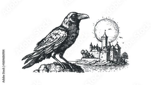 Detailed Sketch of a Raven Perched on Rocks Before a Castle Under a Crescent Moon. Vector hand drawn illustration