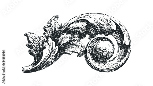 Ornate scrollwork element with acanthus leaf motif and spiral shape. Vector hand drawn illustration