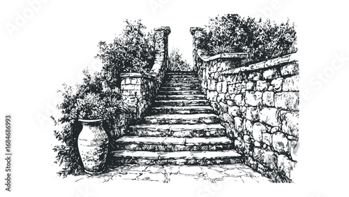 Stone Staircase with Lush Greenery and Urn. Vector hand drawn illustration