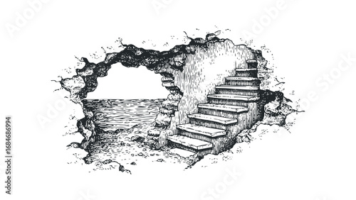 Stone stairs emerging from a rocky aperture leading to the sea. Vector hand drawn illustration