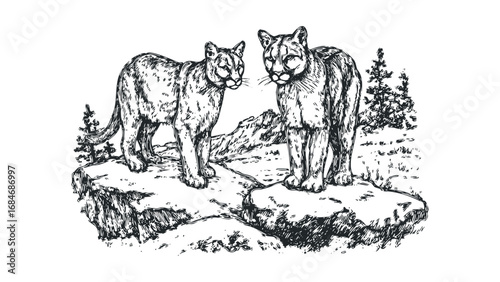 Puma brothers standing on rocky terrain with pine trees. Vector hand drawn illustration